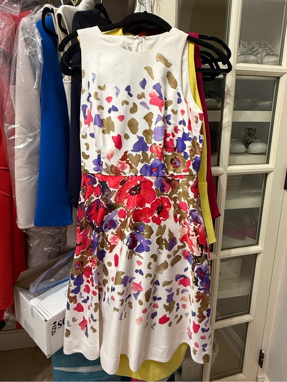 Donna Morgan White Floral Fit-and-Flare Mini Dress with Pink and Purple Blooms - Picture 4 of 7